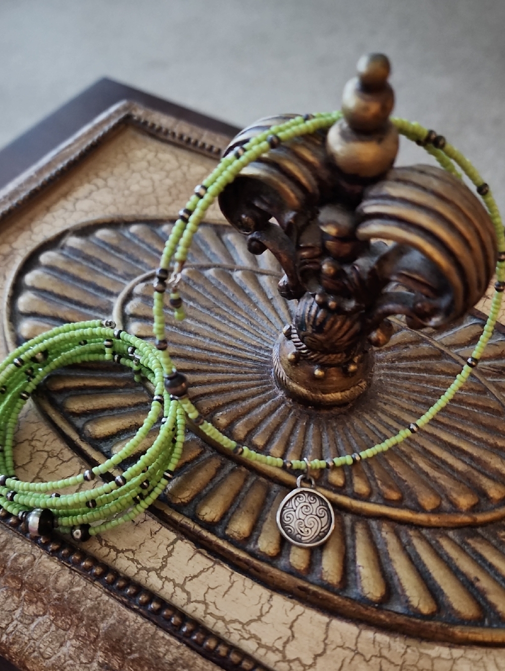 Green Beaded Multi-Strand Bracelet with Silver Charm/matching Necklace